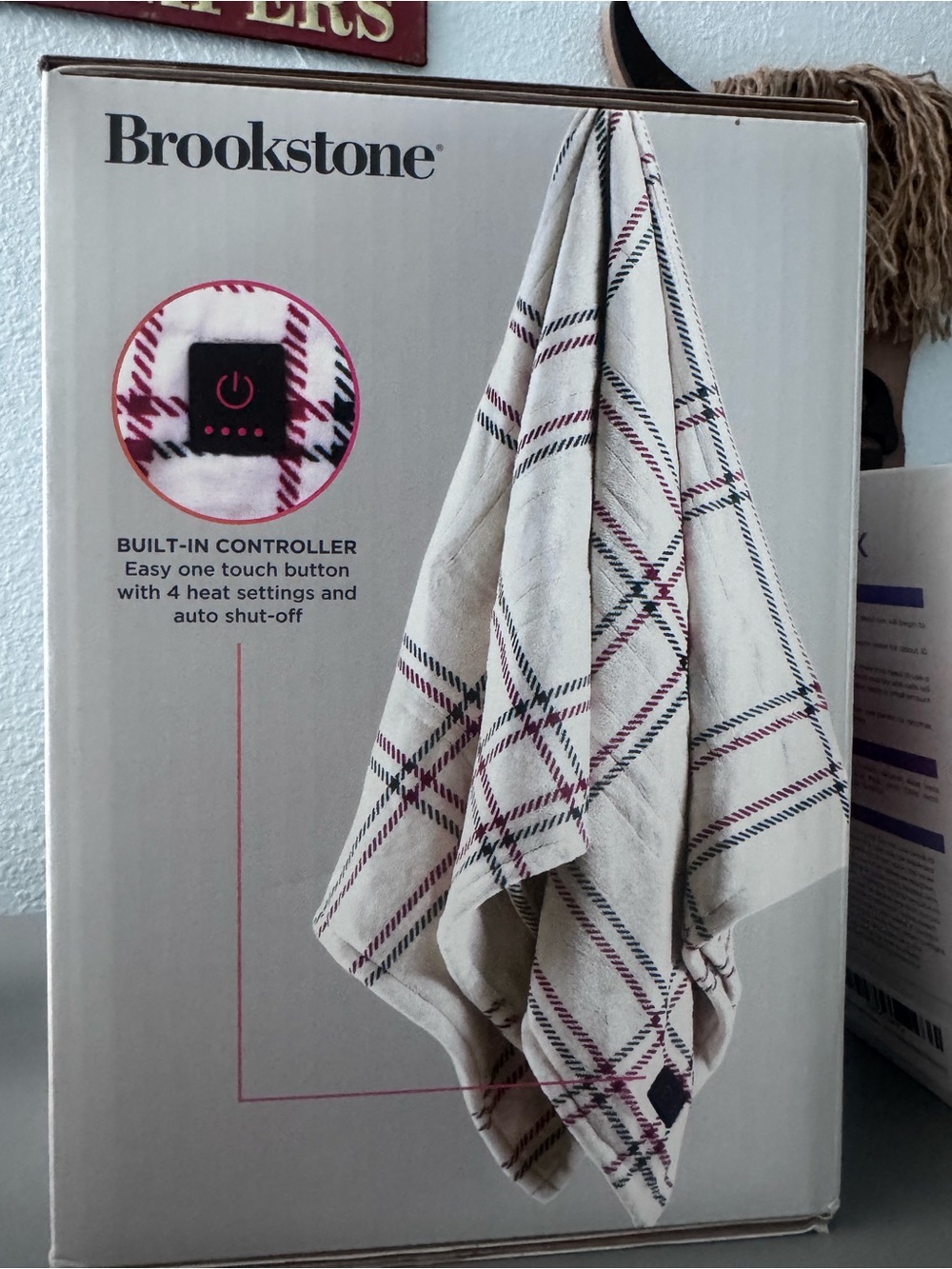 Brookstone Cream Plaid Electric Throw with Burgundy & Navy Accents